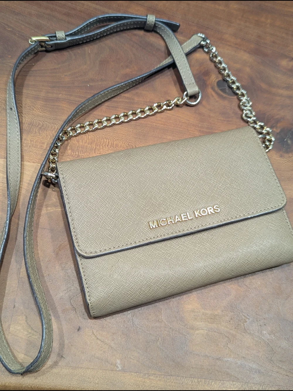 Michael Kors Tan Saffiano Leather Crossbody with Gold Chain
